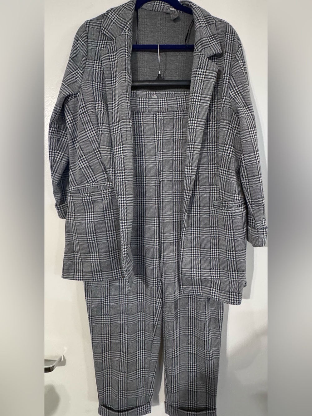 Plaid Open-Front Blazer and Pants Set - Gray Black Check